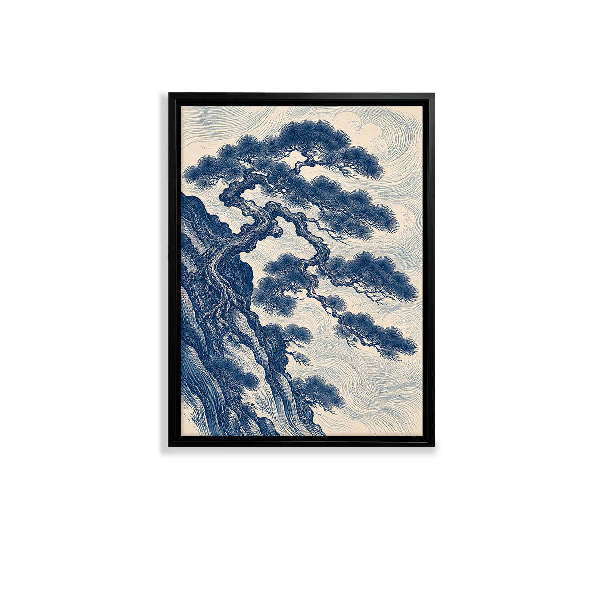 Framed Blue and White Pine Tree Art Print, Traditional Asian Style, High-Quality Giclee Print, Perfect for Home Decor in New York