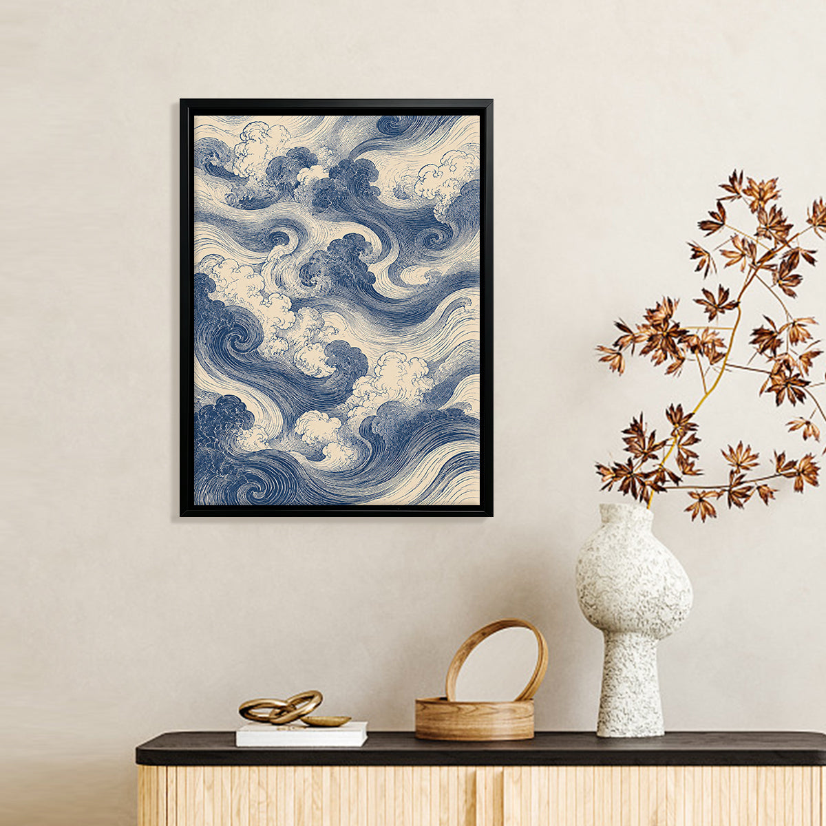 Framed Ocean Waves Art Print in Blue and Cream, Japanese Style, Perfect for Home Decor or Gift