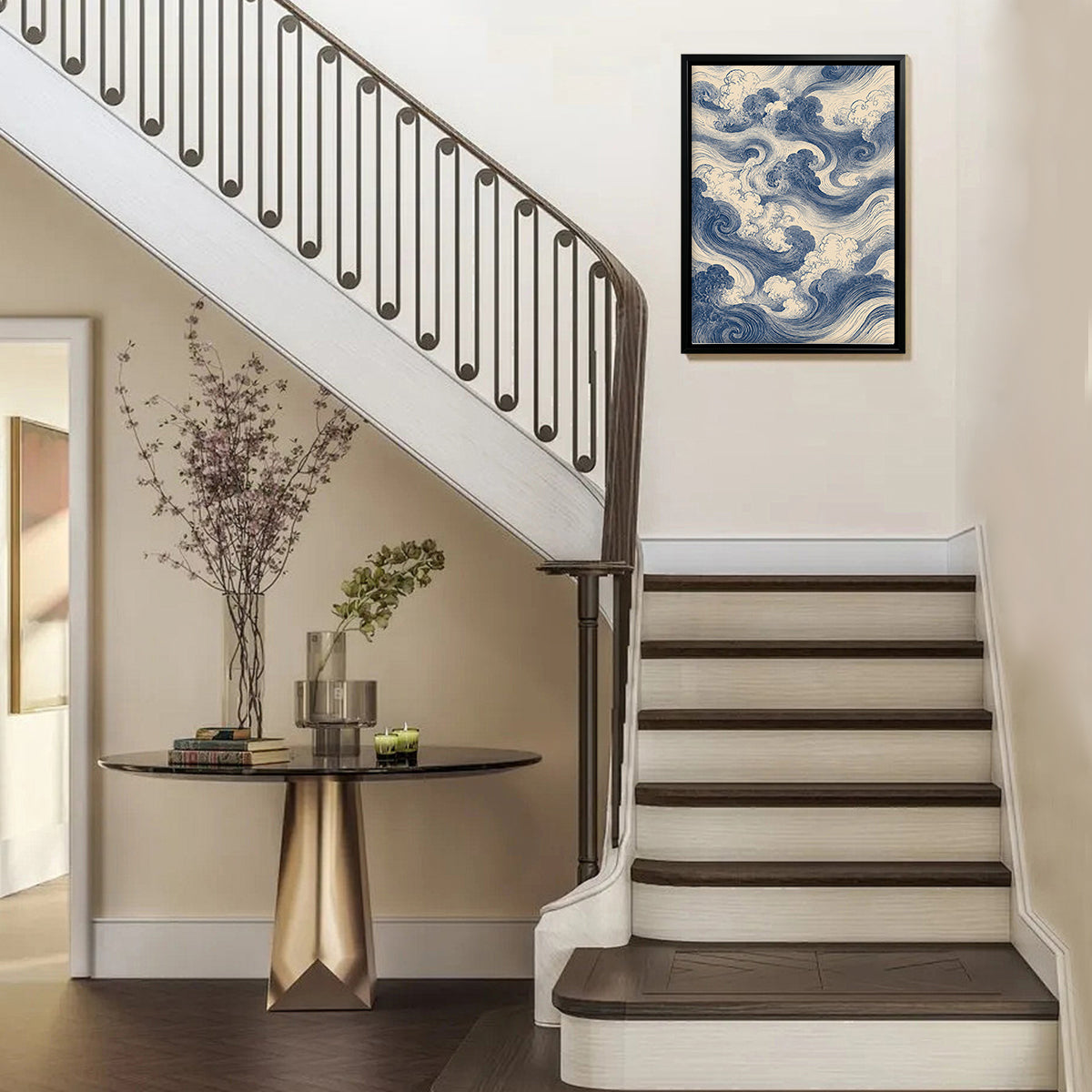 Framed Ocean Waves Art Print in Blue and Cream, Japanese Style, Perfect for Home Decor or Gift