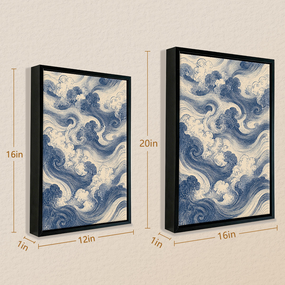 Framed Ocean Waves Art Print in Blue and Cream, Japanese Style, Perfect for Home Decor or Gift