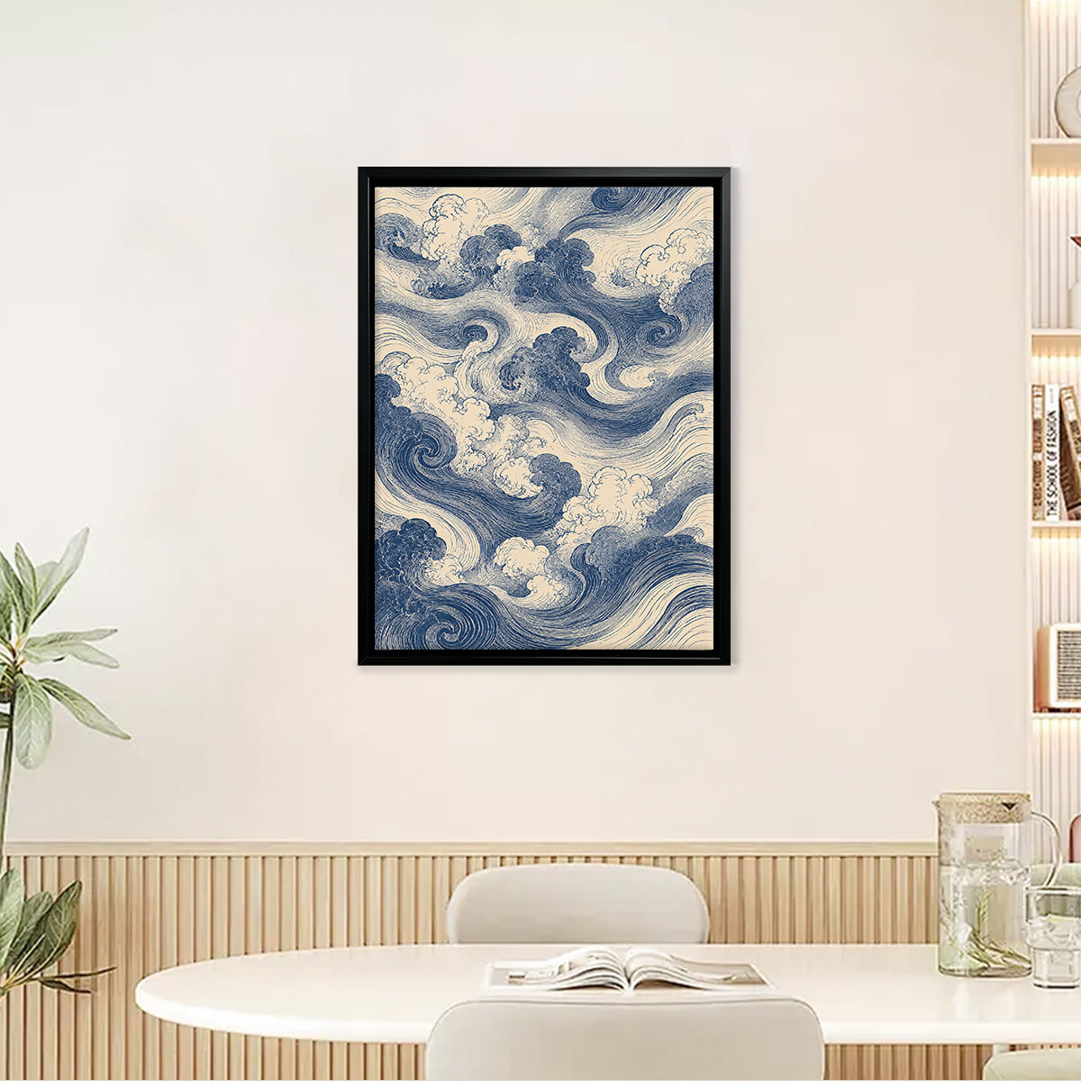 Framed Ocean Waves Art Print in Blue and Cream, Japanese Style, Perfect for Home Decor or Gift