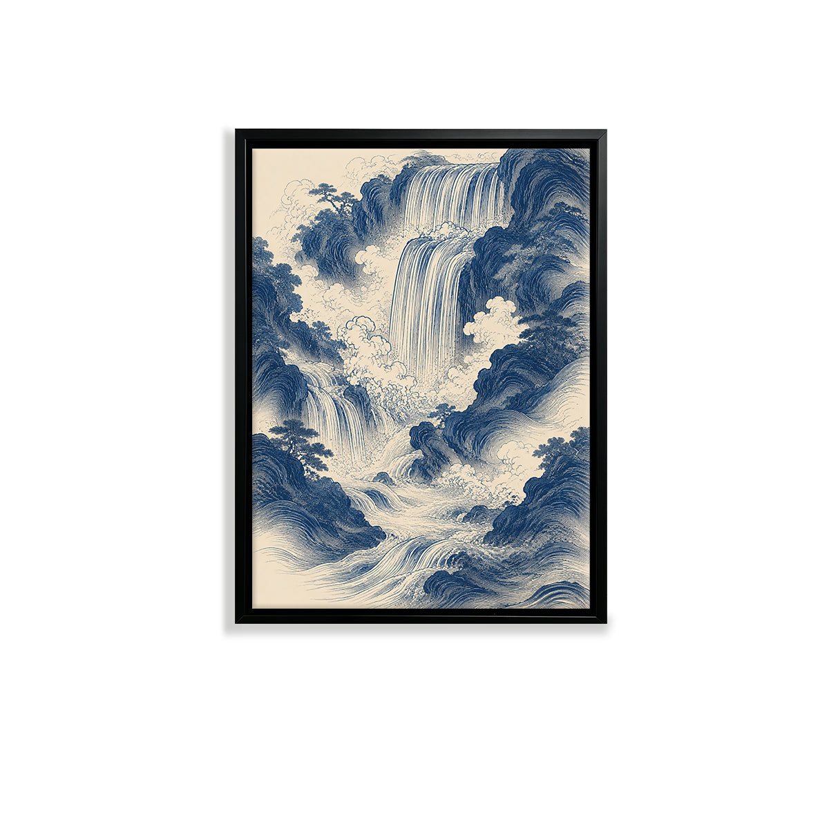 Framed Waterfall Landscape Art Print in Blue and White, Vintage Style, Perfect for Home Decor or Gift