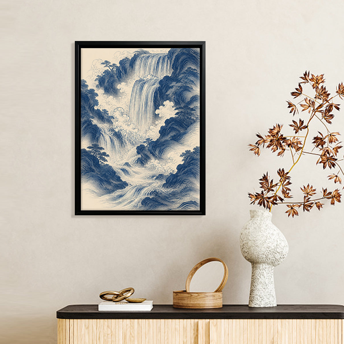 Framed Waterfall Landscape Art Print in Blue and White, Vintage Style, Perfect for Home Decor or Gift