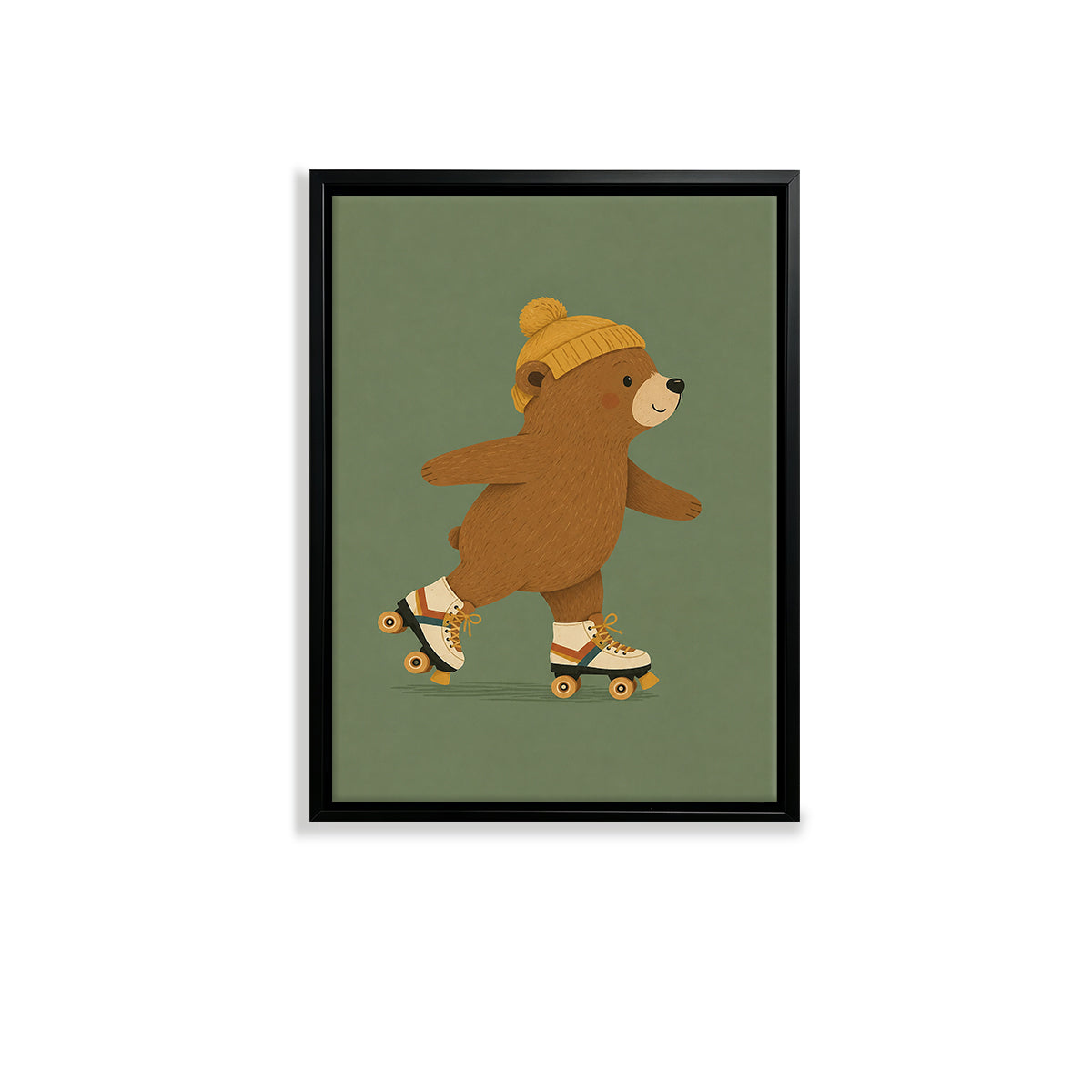 Framed Art Print of a Cute Bear Roller Skating, Vintage Style, High-Quality Paper, Perfect for Home Decor in Any Room