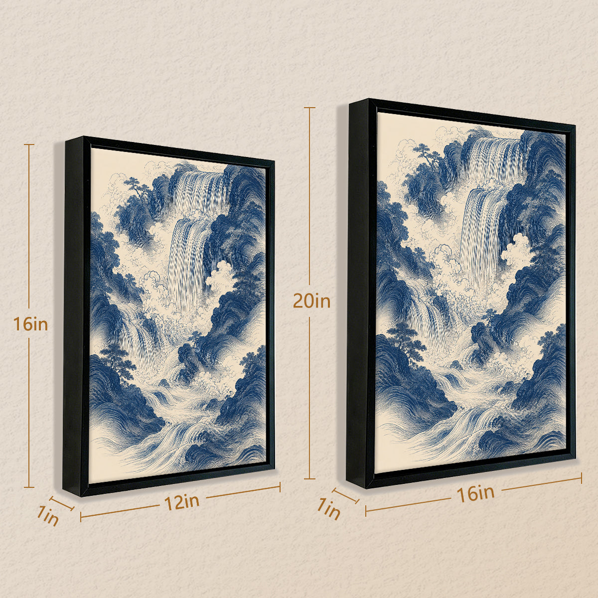 Framed Waterfall Landscape Art Print in Blue and White, Vintage Style, Perfect for Home Decor or Gift