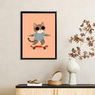 Framed Cat on Skateboard Art Print, Whimsical Design, High-Quality Matte Finish, Perfect Home Decor for Any Room