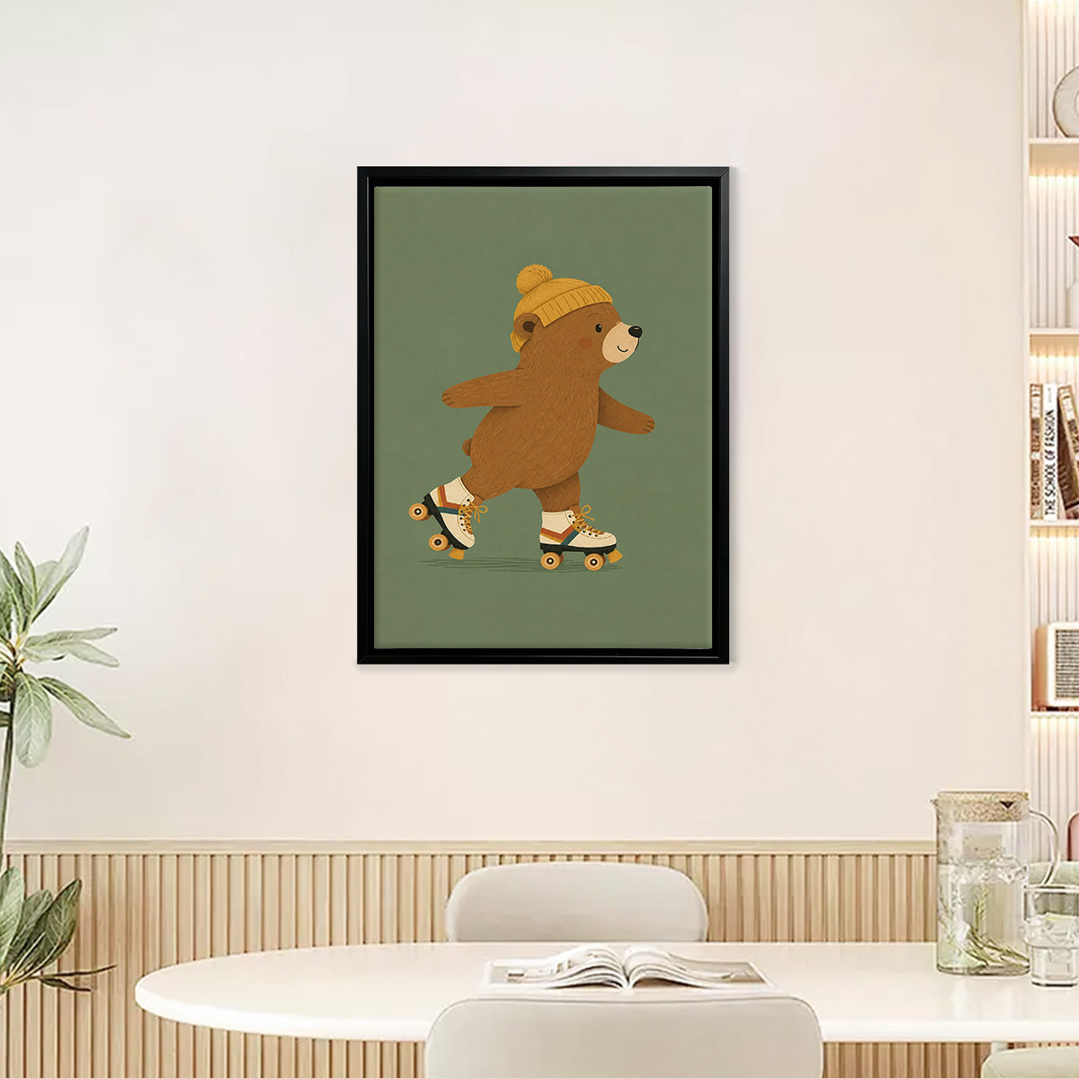 Framed Art Print of a Cute Bear Roller Skating, Vintage Style, High-Quality Paper, Perfect for Home Decor in Any Room
