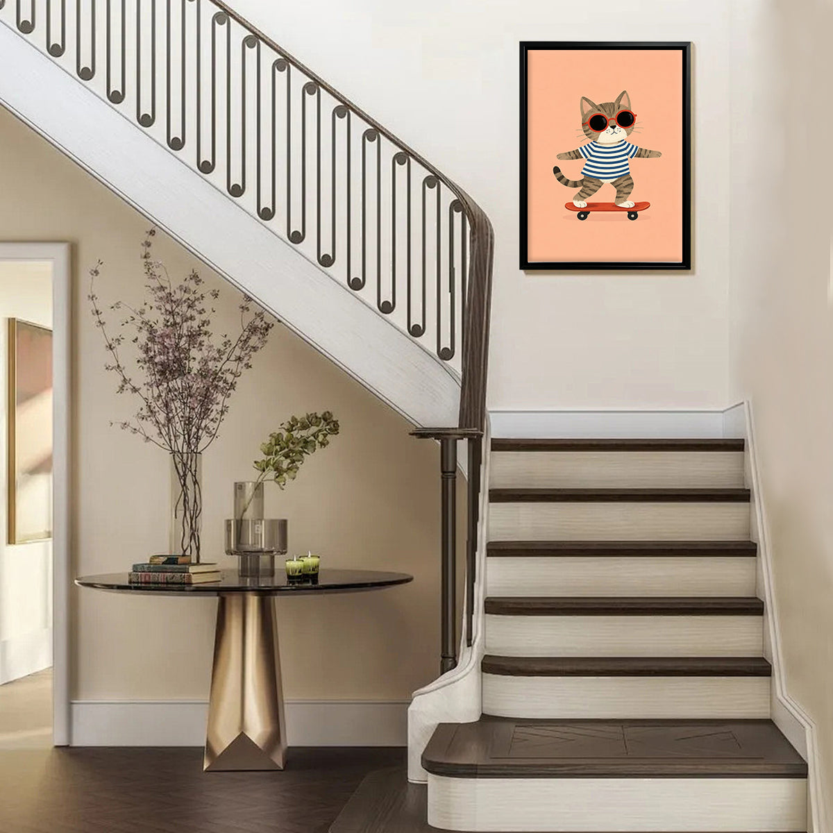 Framed Cat on Skateboard Art Print, Whimsical Design, High-Quality Matte Finish, Perfect Home Decor for Any Room