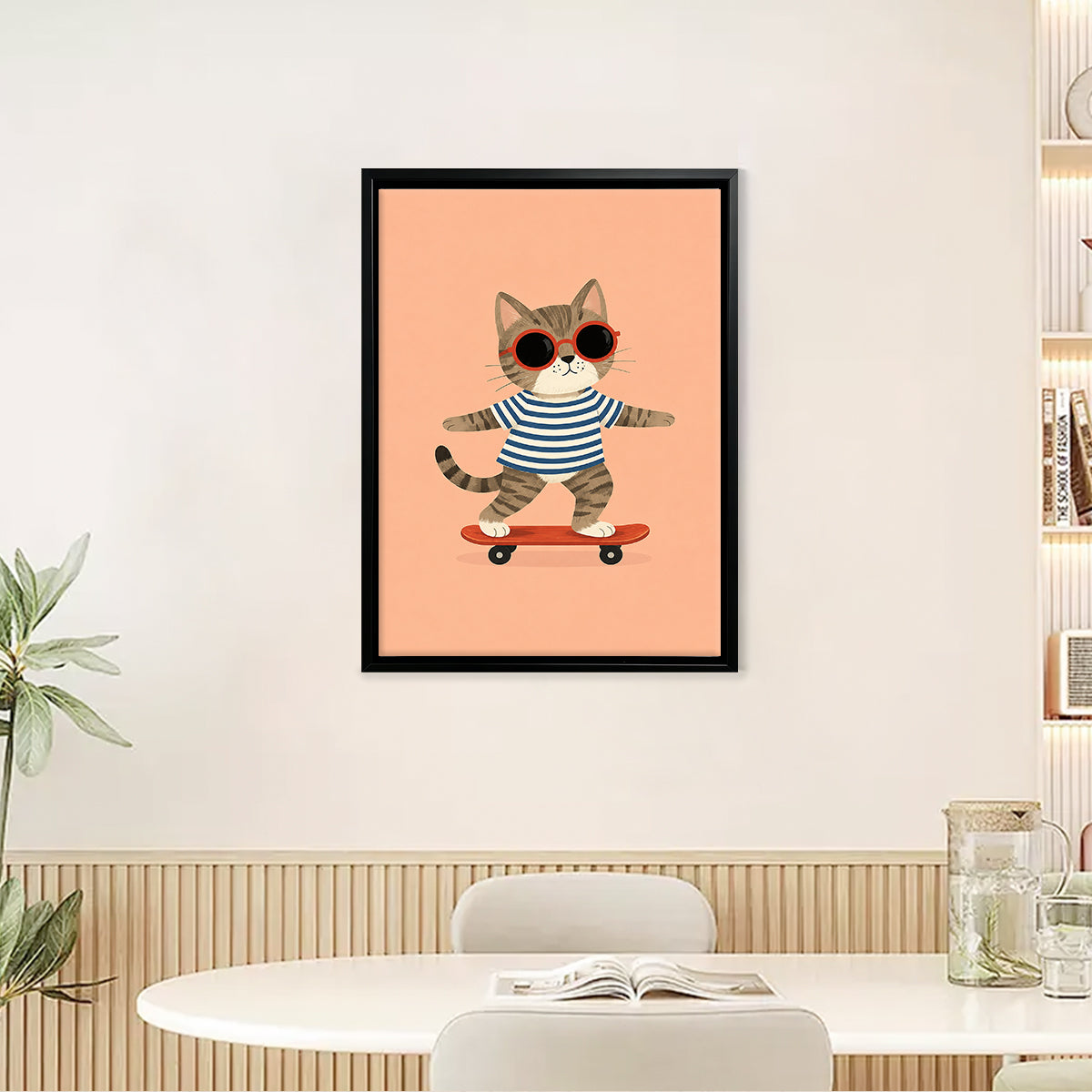 Framed Cat on Skateboard Art Print, Whimsical Design, High-Quality Matte Finish, Perfect Home Decor for Any Room