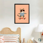 Framed Cat on Skateboard Art Print, Whimsical Design, High-Quality Matte Finish, Perfect Home Decor for Any Room