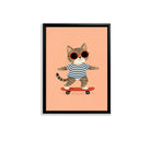Framed Cat on Skateboard Art Print, Whimsical Design, High-Quality Matte Finish, Perfect Home Decor for Any Room