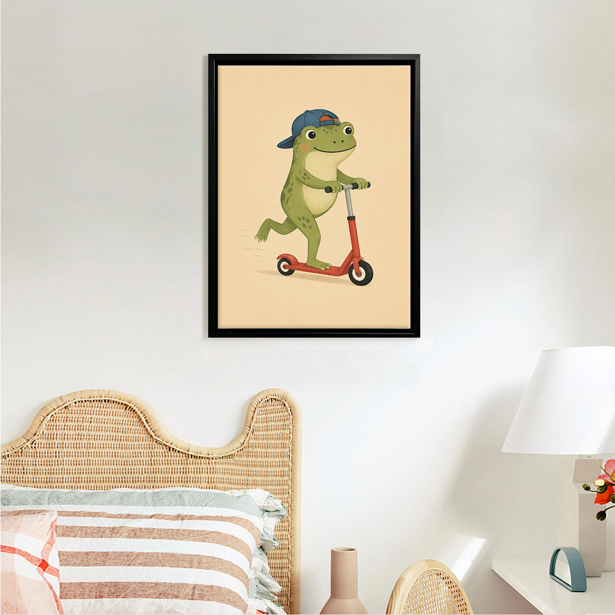 Framed Art Print of Frog on Scooter, Whimsical Illustration, High-Quality Matte Finish, Perfect for Home Decor in California