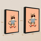 Framed Cat on Skateboard Art Print, Whimsical Design, High-Quality Matte Finish, Perfect Home Decor for Any Room