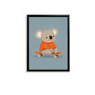Framed Art Print of a Cute Koala in an Orange Sweater Riding a Skateboard, Perfect for Nursery or Home Decor