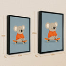 Framed Art Print of a Cute Koala in an Orange Sweater Riding a Skateboard, Perfect for Nursery or Home Decor
