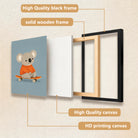 Framed Art Print of a Cute Koala in an Orange Sweater Riding a Skateboard, Perfect for Nursery or Home Decor
