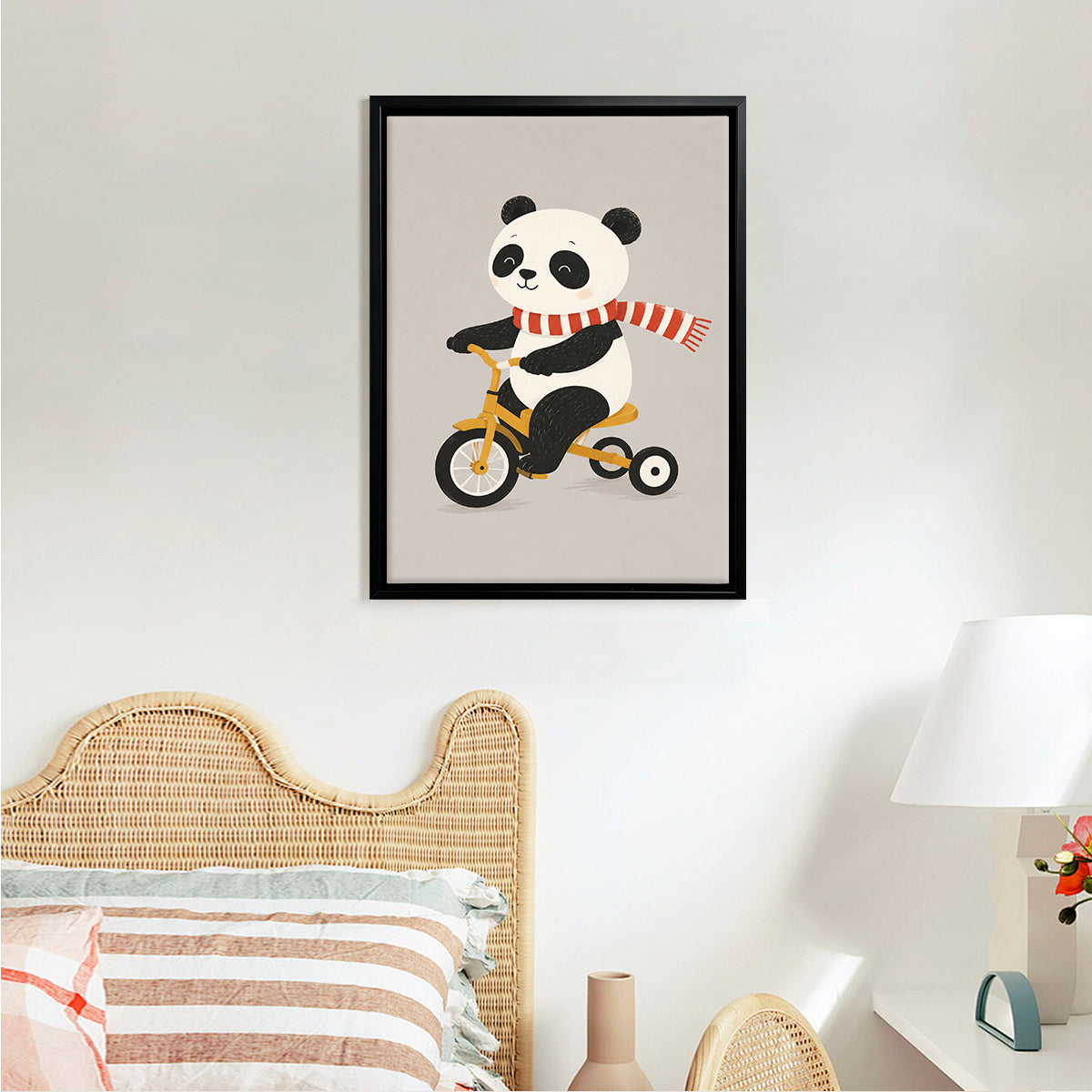 Framed Art Print of Panda Riding Tricycle, Adorable Animal Design, High-Quality Matte Finish, Perfect for Nursery or Home Decor