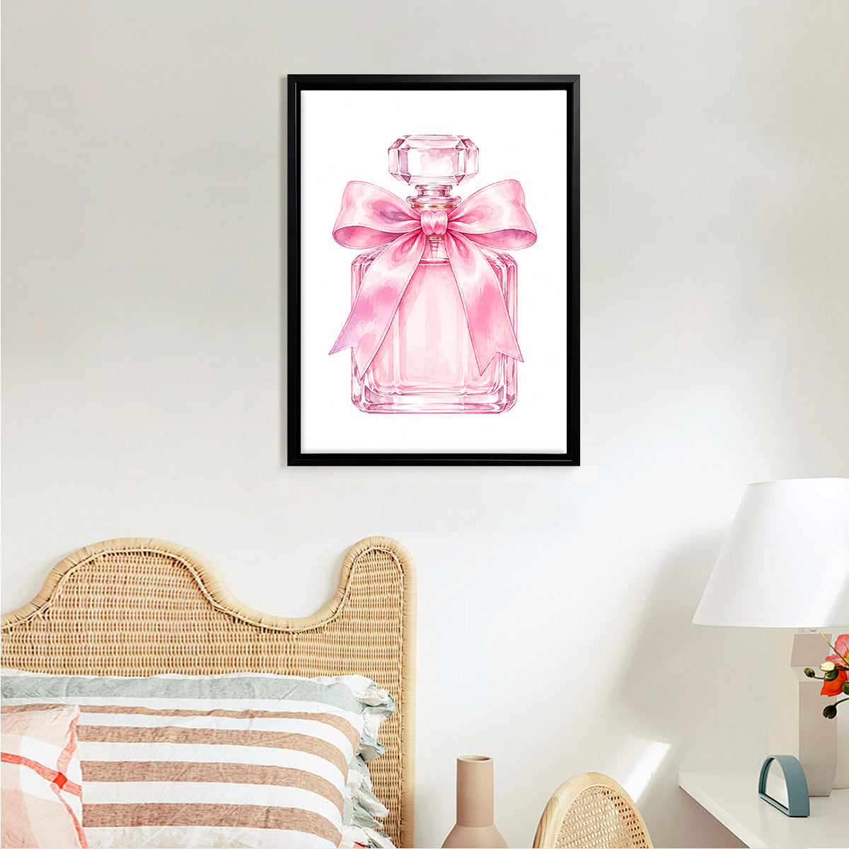 Framed Perfume Bottle Art Print with Pink Bow, Watercolor Style, Perfect Home Decor for Any Room