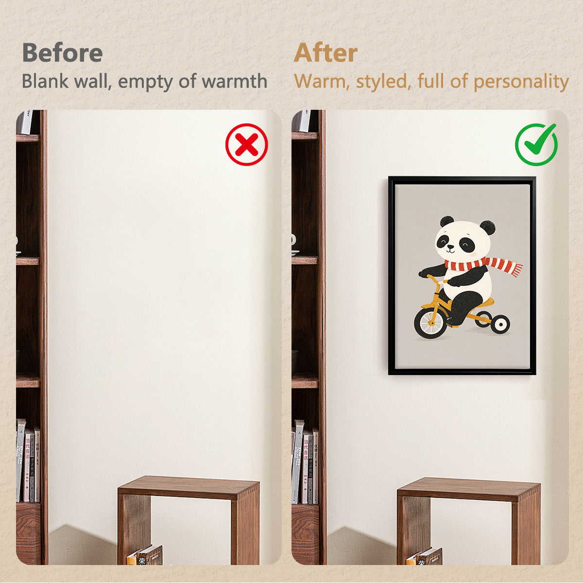 Framed Art Print of Panda Riding Tricycle, Adorable Animal Design, High-Quality Matte Finish, Perfect for Nursery or Home Decor