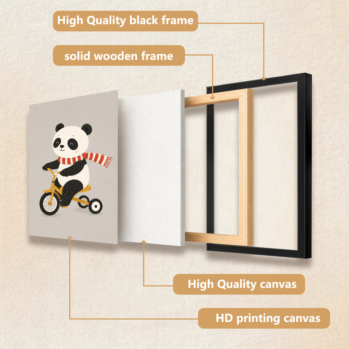 Framed Art Print of Panda Riding Tricycle, Adorable Animal Design, High-Quality Matte Finish, Perfect for Nursery or Home Decor