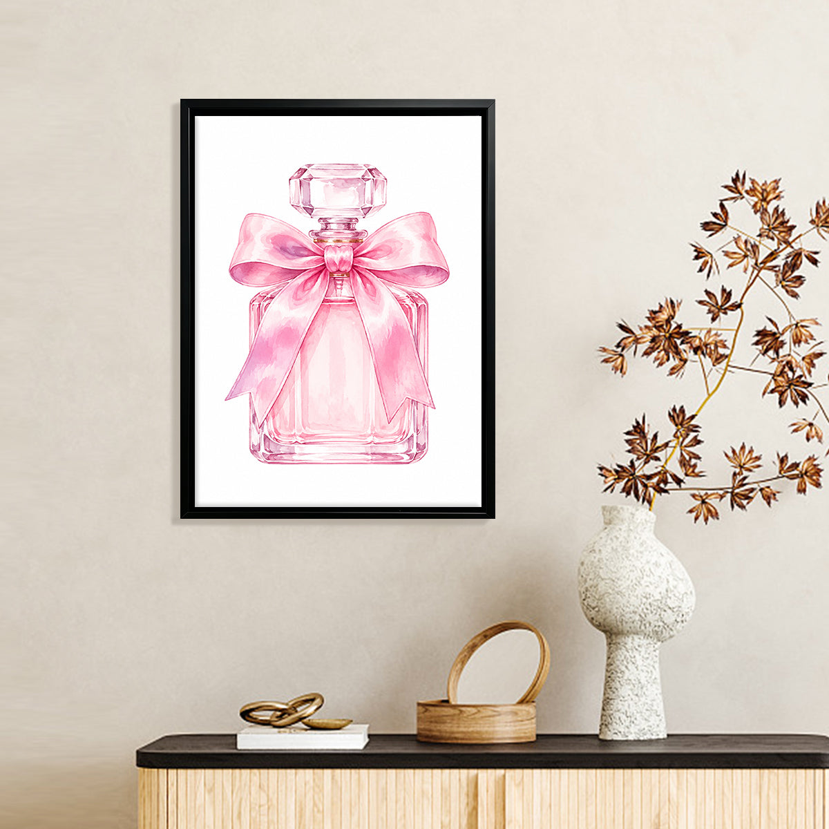 Framed Perfume Bottle Art Print with Pink Bow, Watercolor Style, Perfect Home Decor for Any Room