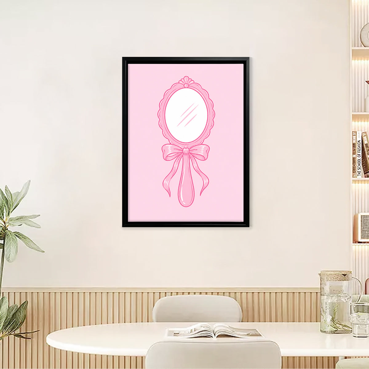 Framed Pink Vintage Mirror Art Print, Elegant Handheld Design, Perfect Home Decor for Any Room