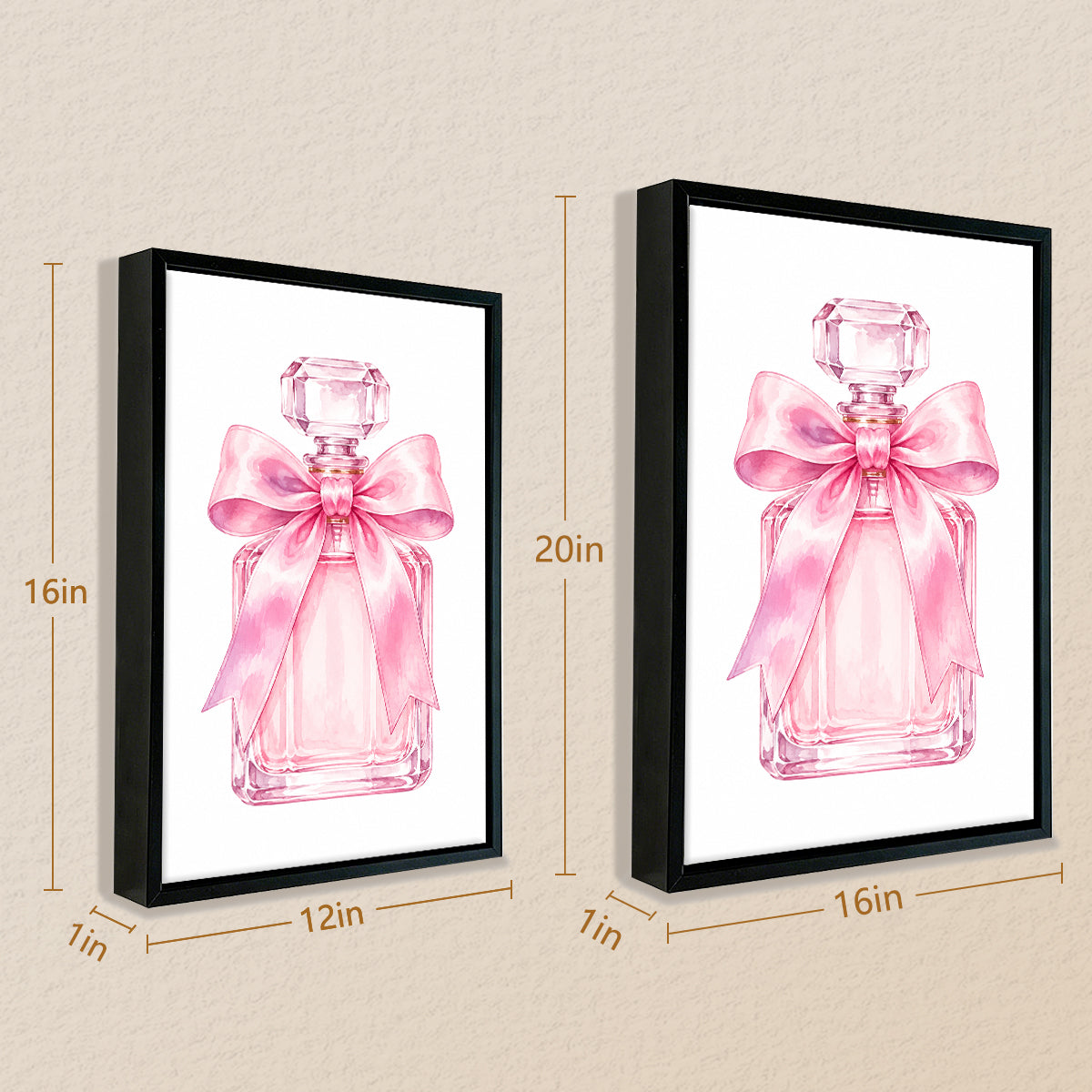 Framed Perfume Bottle Art Print with Pink Bow, Watercolor Style, Perfect Home Decor for Any Room