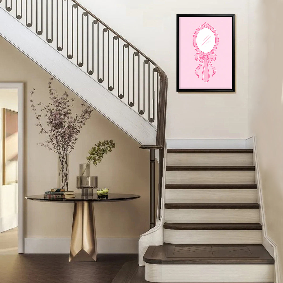 Framed Pink Vintage Mirror Art Print, Elegant Handheld Design, Perfect Home Decor for Any Room