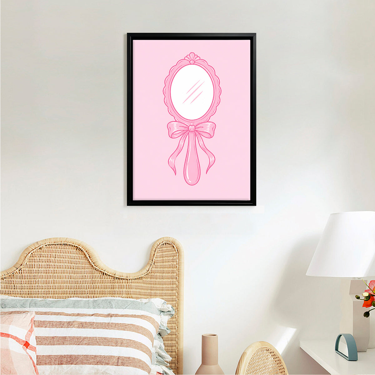 Framed Pink Vintage Mirror Art Print, Elegant Handheld Design, Perfect Home Decor for Any Room