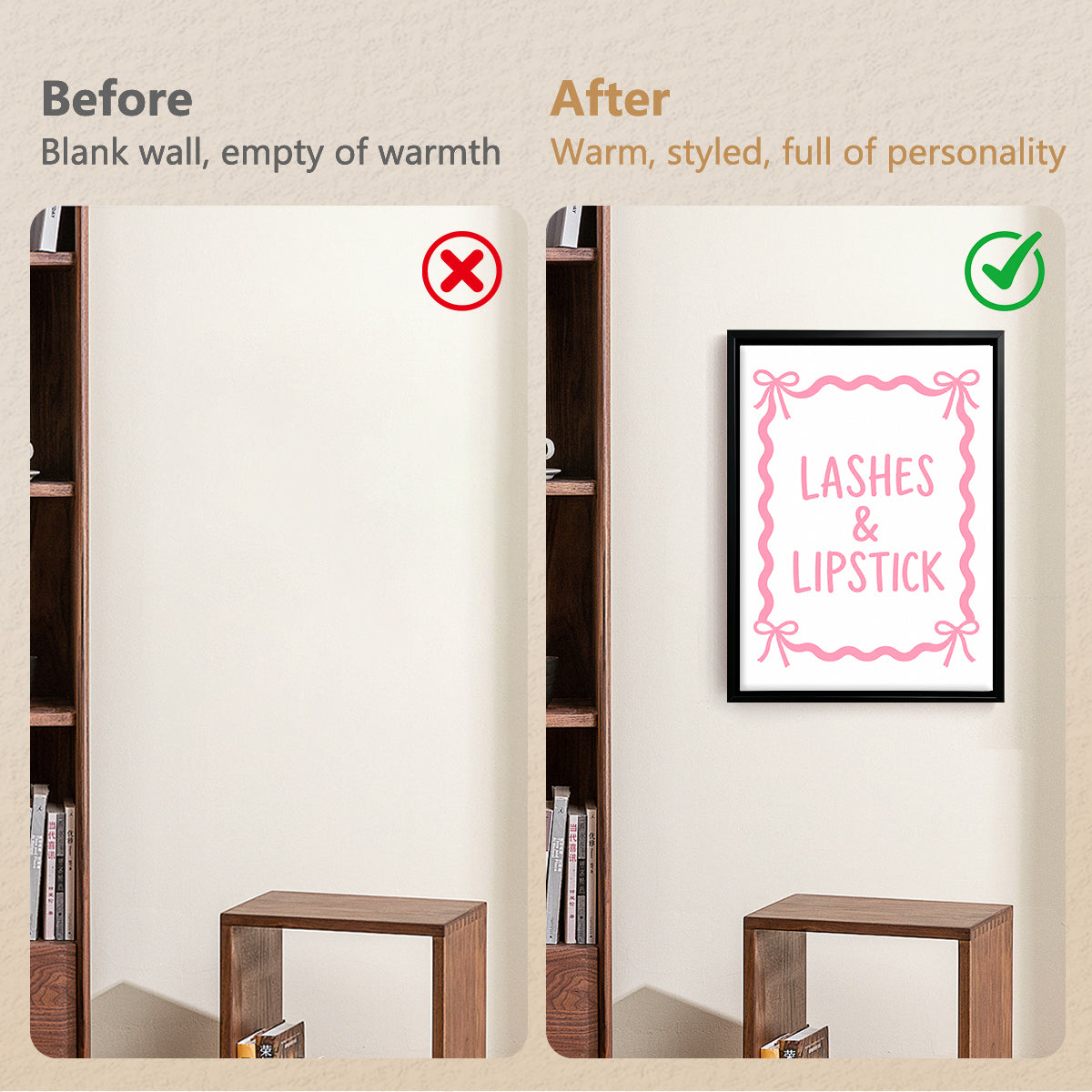 Framed Lashes & Lipstick Art Print, Modern Feminine Design, High-Quality Matte Finish, Perfect Home Decor for Any Room in New York