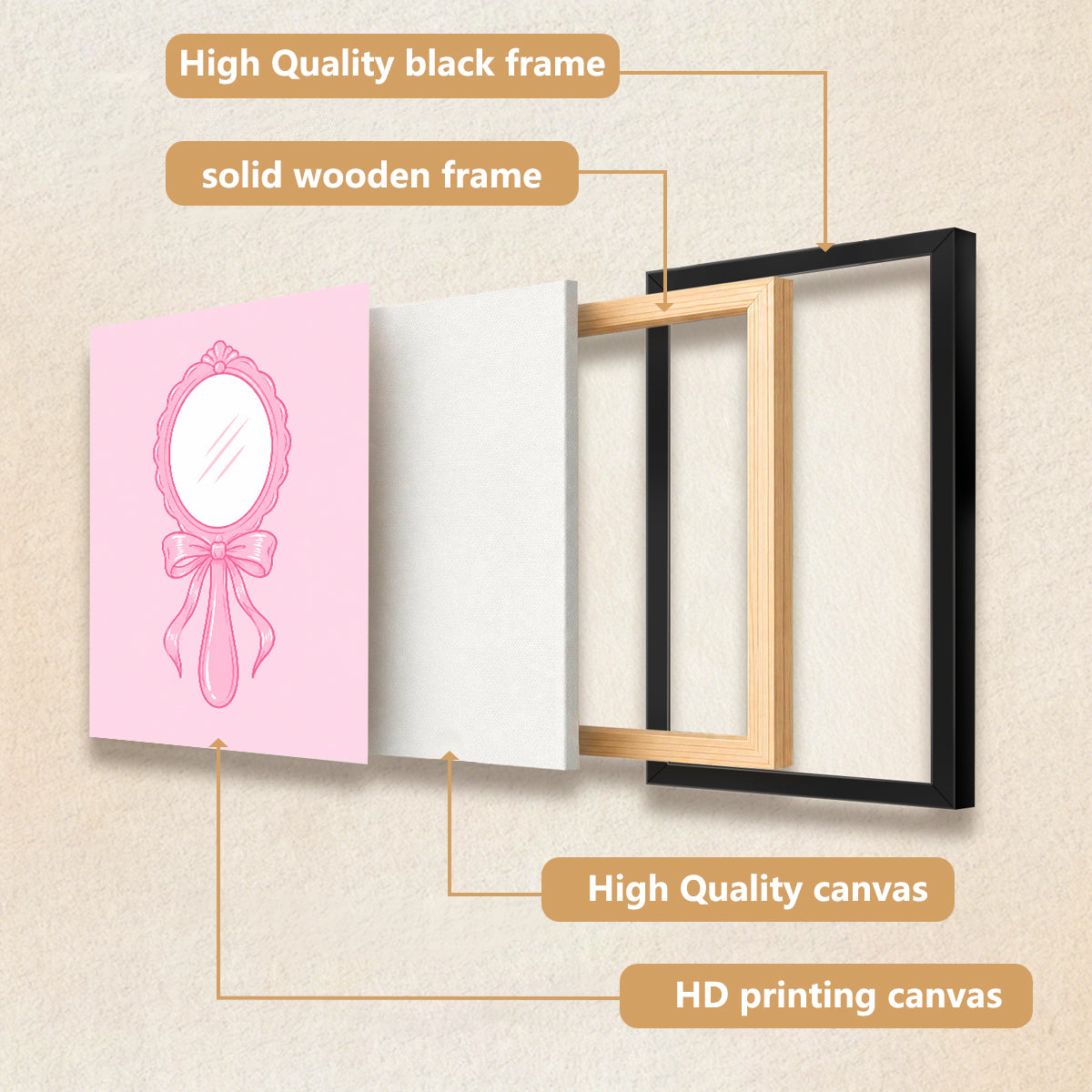 Framed Pink Vintage Mirror Art Print, Elegant Handheld Design, Perfect Home Decor for Any Room