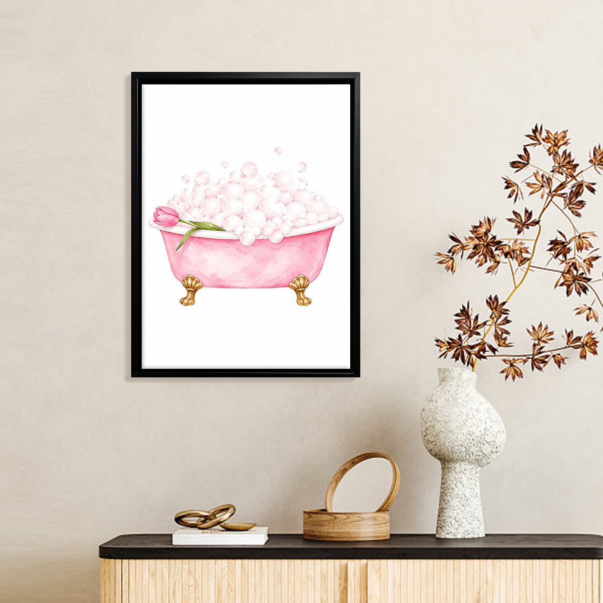 Framed Bathtub with Bubbles and Tulip Watercolor Art Print, Elegant Bathroom Decor, High-Quality Matte Finish