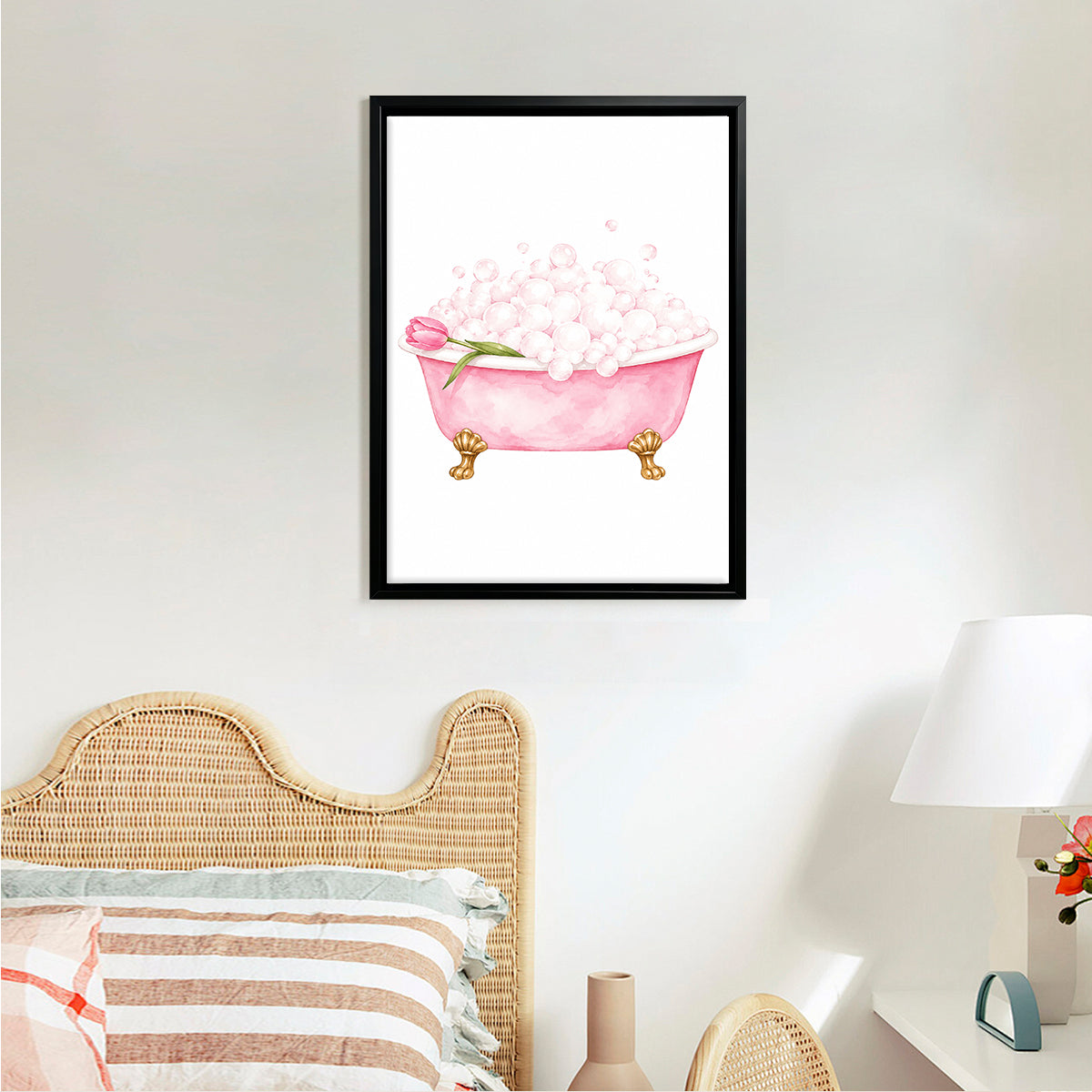 Framed Bathtub with Bubbles and Tulip Watercolor Art Print, Elegant Bathroom Decor, High-Quality Matte Finish