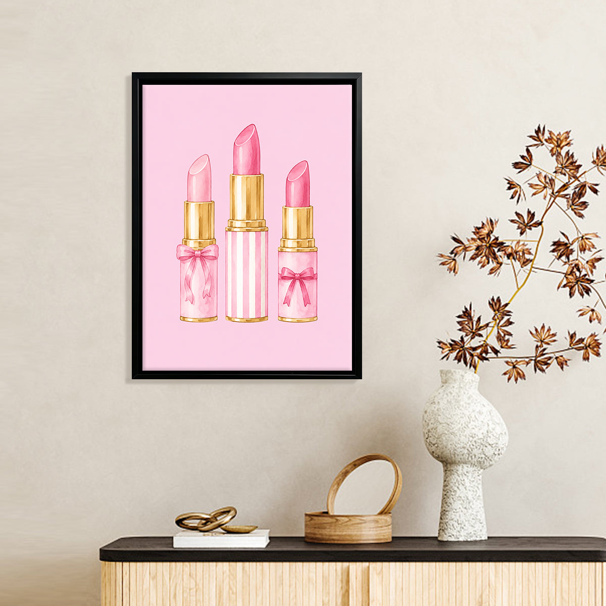 Framed Art Print of Pink Lipsticks with Gold Accents, Perfect for Home Decor in Any Room