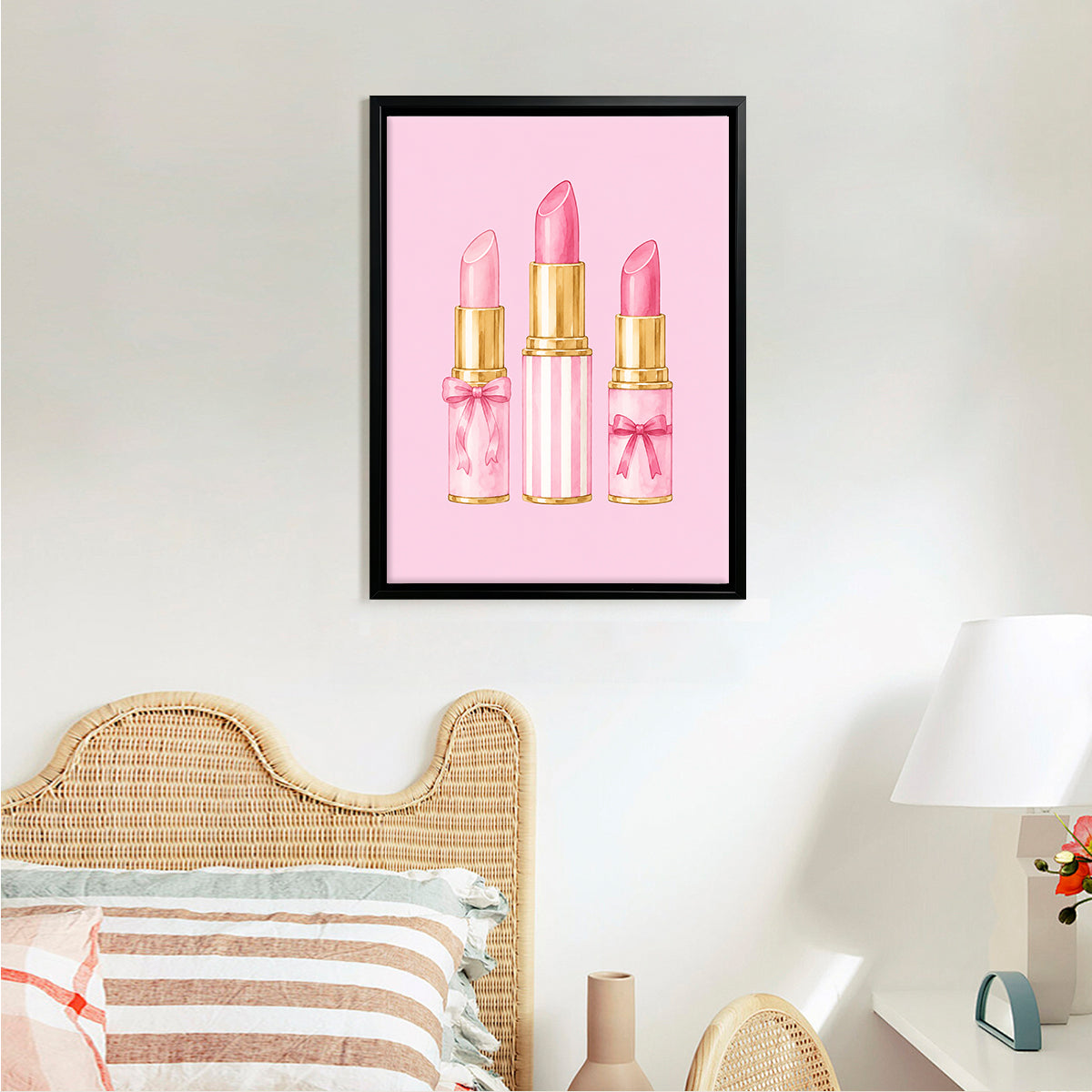 Framed Art Print of Pink Lipsticks with Gold Accents, Perfect for Home Decor in Any Room