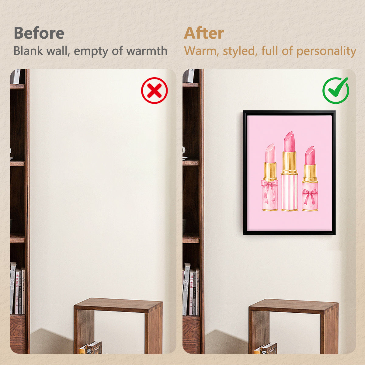 Framed Art Print of Pink Lipsticks with Gold Accents, Perfect for Home Decor in Any Room