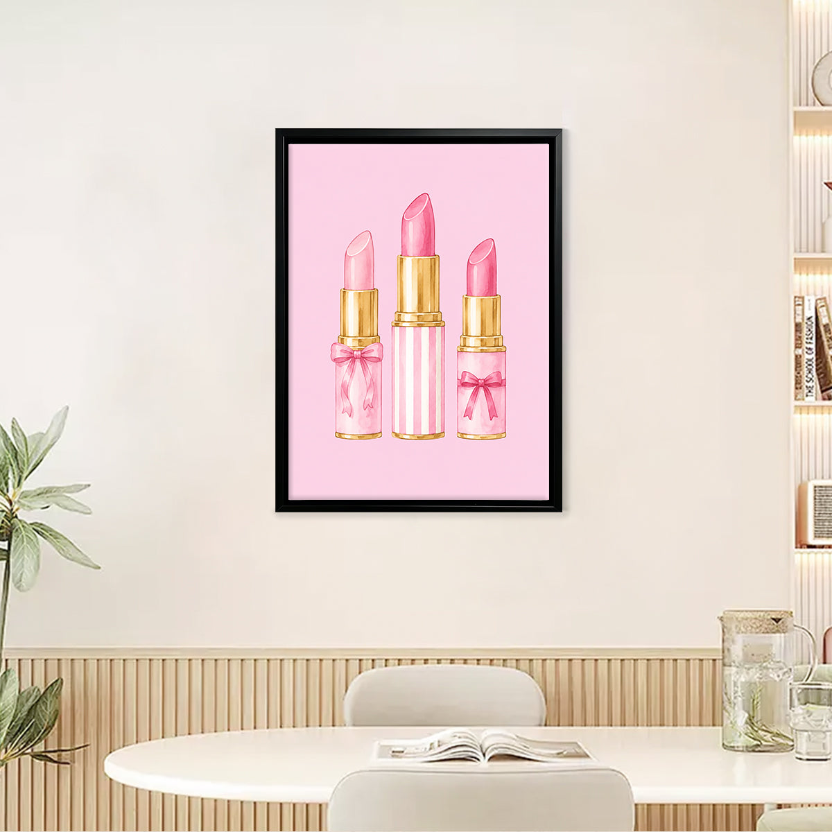 Framed Art Print of Pink Lipsticks with Gold Accents, Perfect for Home Decor in Any Room