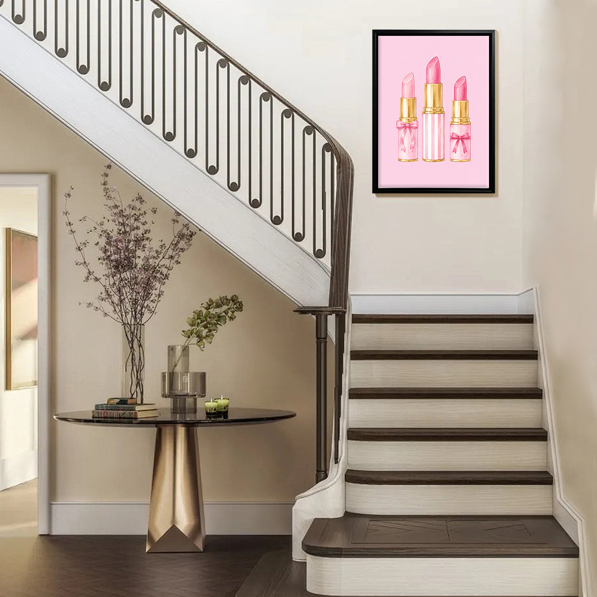 Framed Art Print of Pink Lipsticks with Gold Accents, Perfect for Home Decor in Any Room