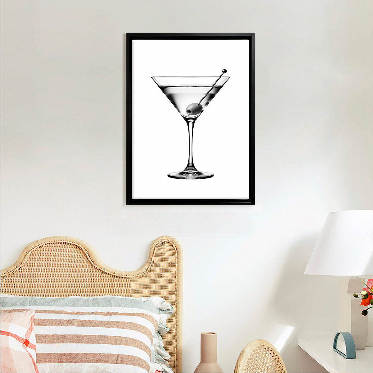 Framed Black and White Martini Glass Art Print, Elegant Bar Theme, High-Quality Matte Finish, Perfect Home Decor for Living Room or Bar