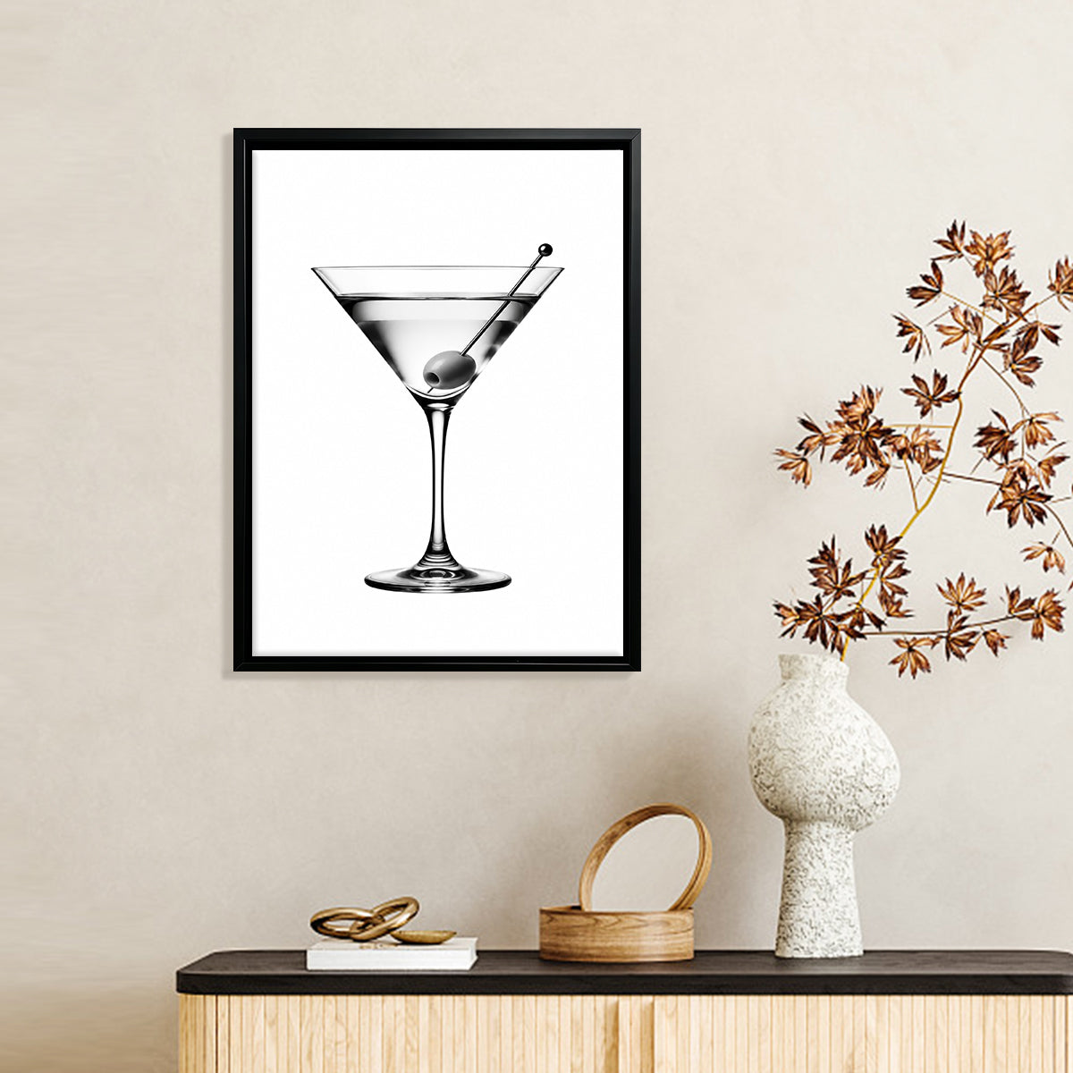 Framed Black and White Martini Glass Art Print, Elegant Bar Theme, High-Quality Matte Finish, Perfect Home Decor for Living Room or Bar