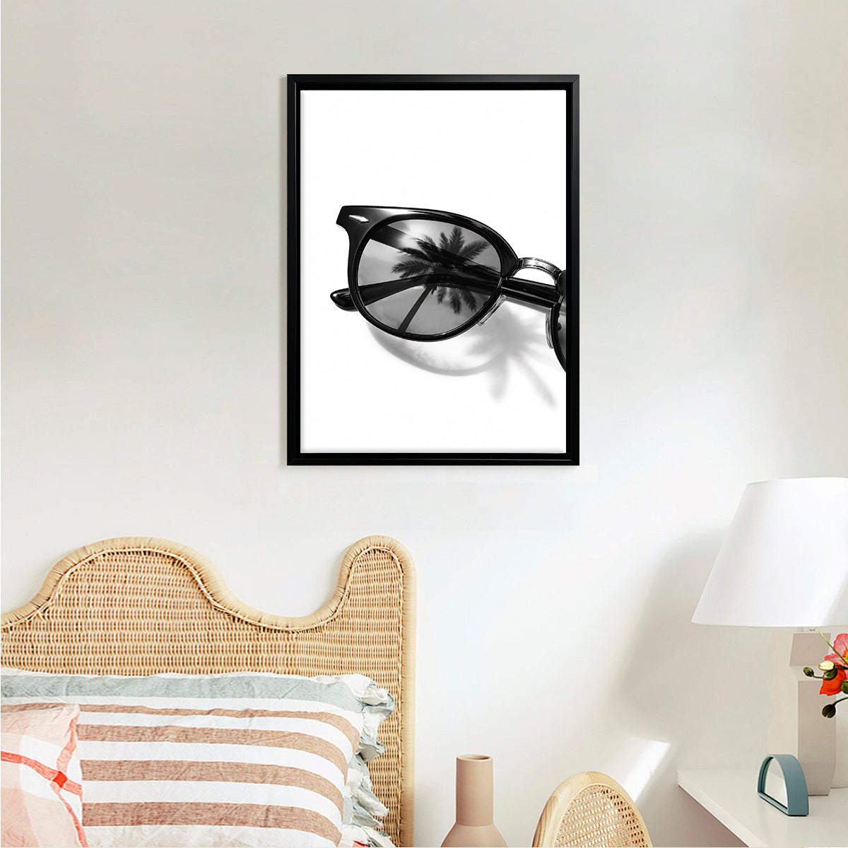 Black Sunglasses with Palm Tree Reflection Art Print, Modern Minimalist Framed Wall Decor for Home or Office