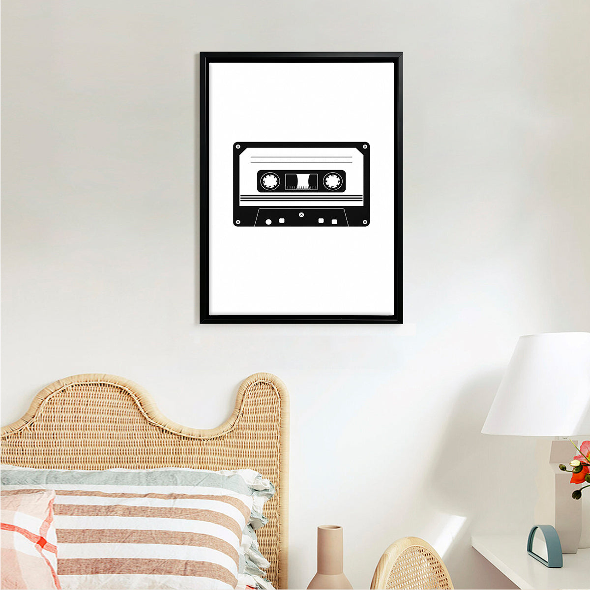 Framed Cassette Tape Art Print, Retro Style, High-Quality Black and White Design, Perfect for Home Decor in California