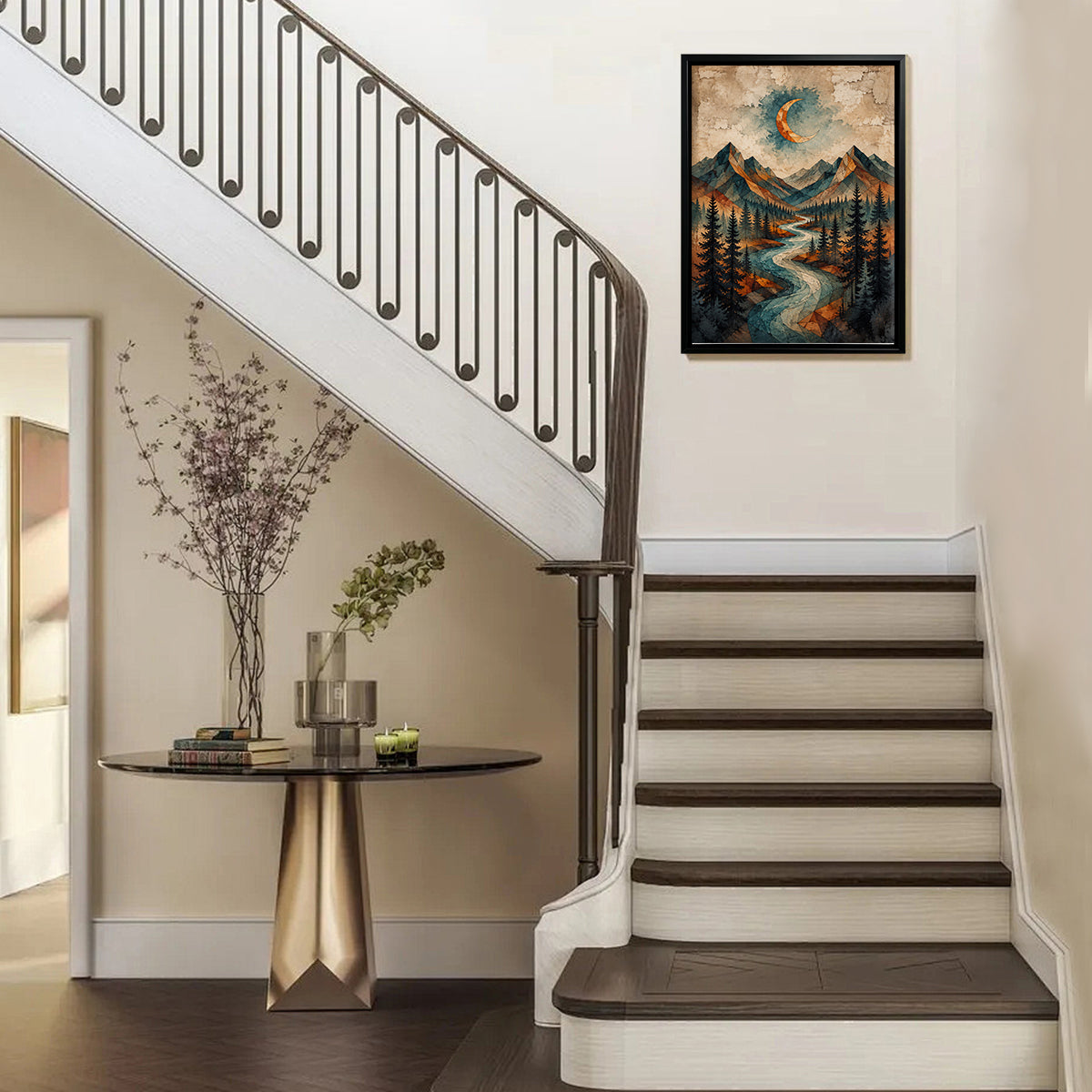 Framed Mountain Landscape Art Print with Crescent Moon, Geometric Style, High-Quality Matte Finish, Perfect for Home Decor in Any Room