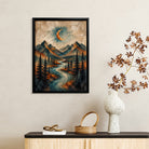 Framed Mountain Landscape Art Print with Crescent Moon, Geometric Style, High-Quality Matte Finish, Perfect for Home Decor in Any Room