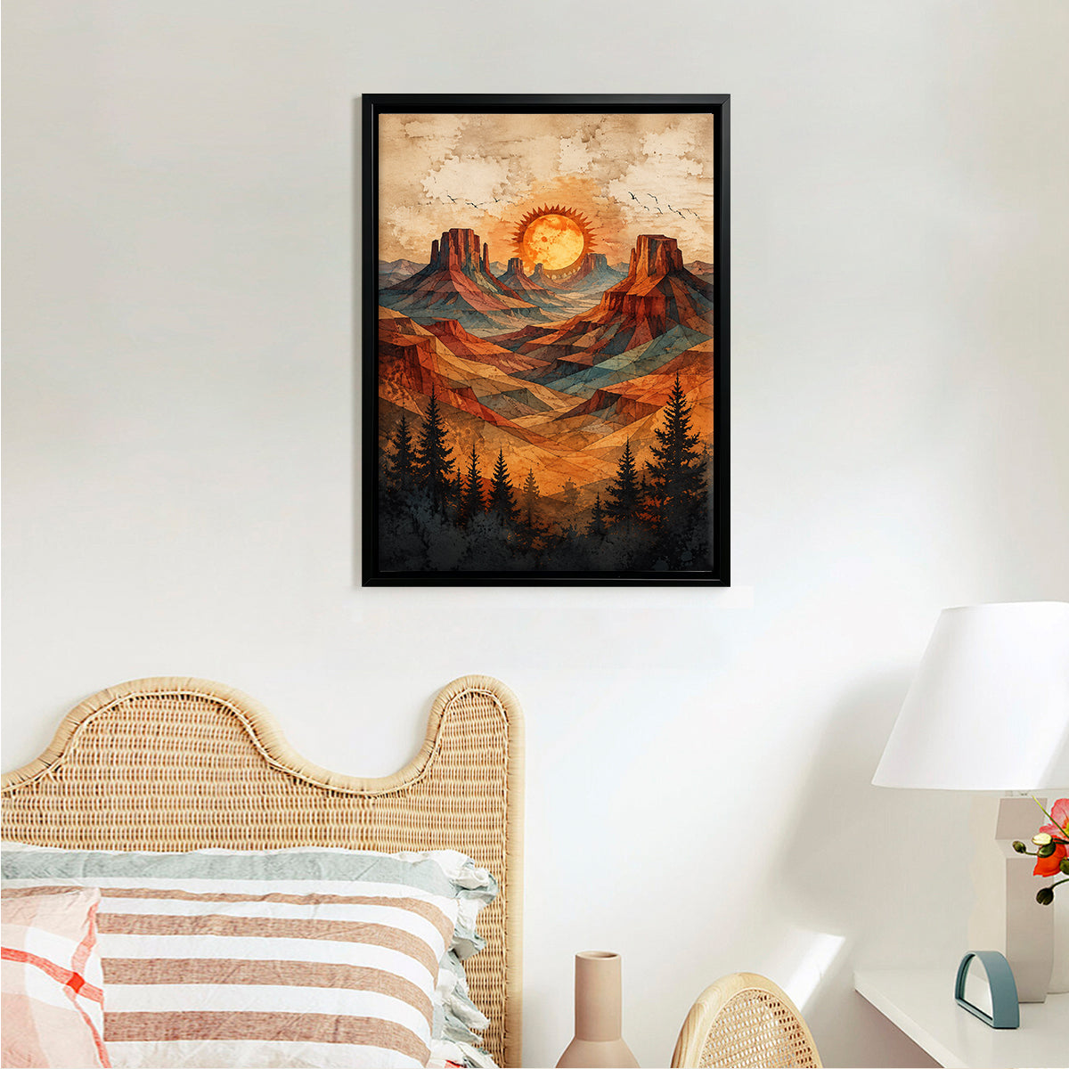 Framed Desert Landscape Art Print with Vibrant Sunset and Pine Trees, Perfect for Home Decor