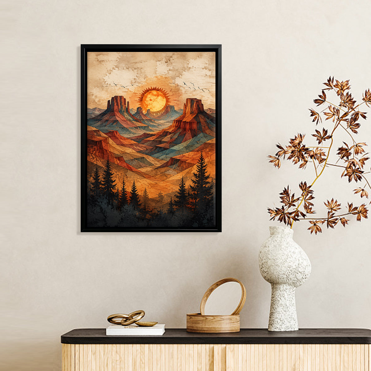 Framed Desert Landscape Art Print with Vibrant Sunset and Pine Trees, Perfect for Home Decor