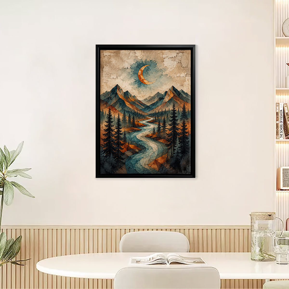 Framed Mountain Landscape Art Print with Crescent Moon, Geometric Style, High-Quality Matte Finish, Perfect for Home Decor in Any Room