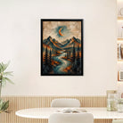 Framed Mountain Landscape Art Print with Crescent Moon, Geometric Style, High-Quality Matte Finish, Perfect for Home Decor in Any Room