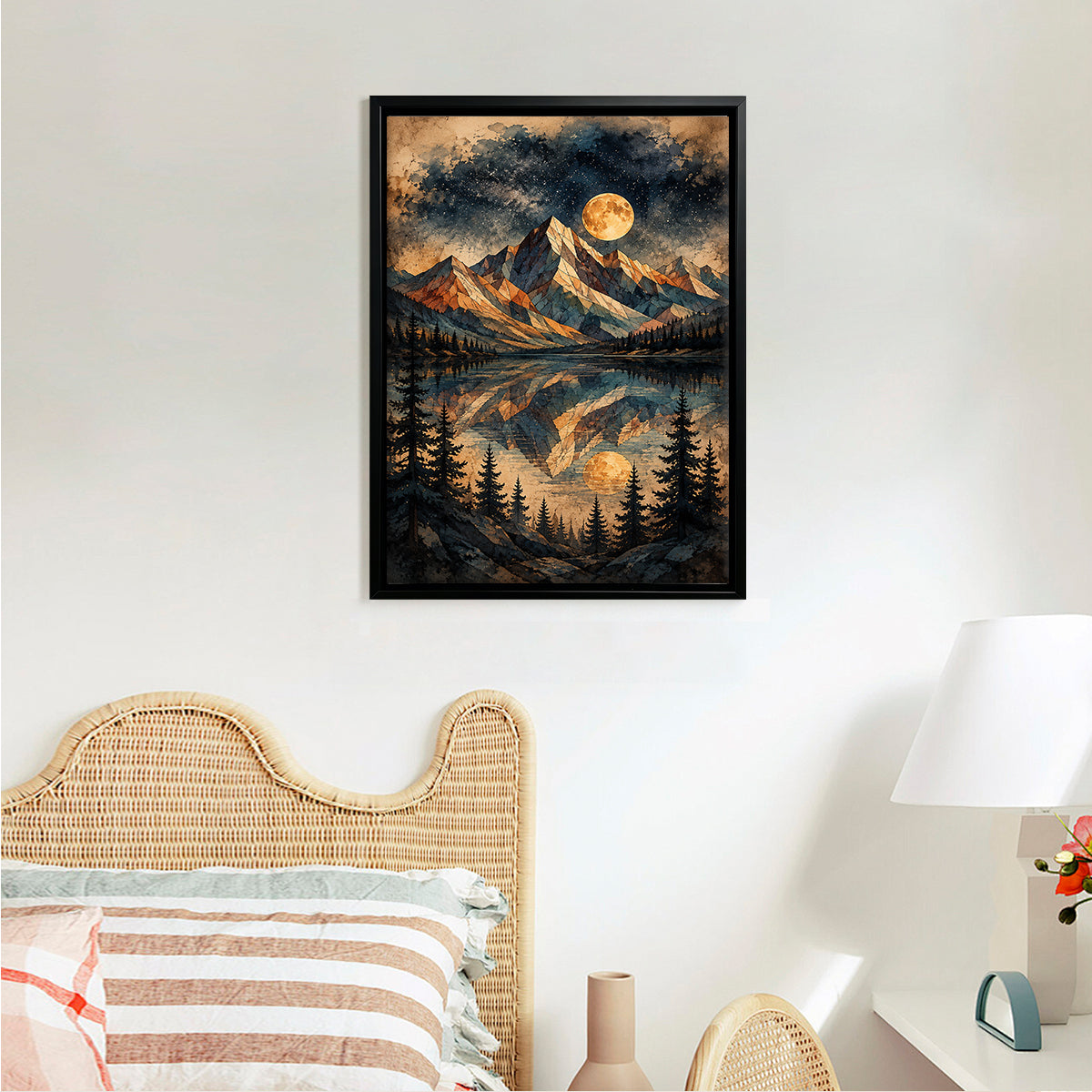 Framed Mountain Landscape Art Print with Moon Reflection, Vintage Style, High-Quality Canvas for Home Decor
