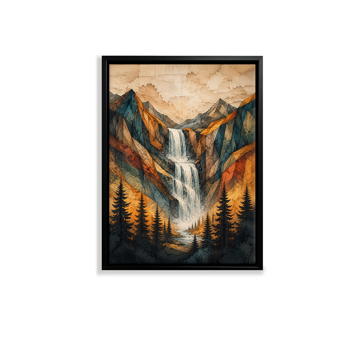 Framed Mountain Waterfall Landscape Art Print, Geometric Style, High-Quality Paper, Perfect for Home or Office Decoration in New York